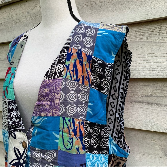 Vintage 80s Blue Handmade Abstract Patchwork Print Sleeveless Button Down Vest - Picture 5 of 16